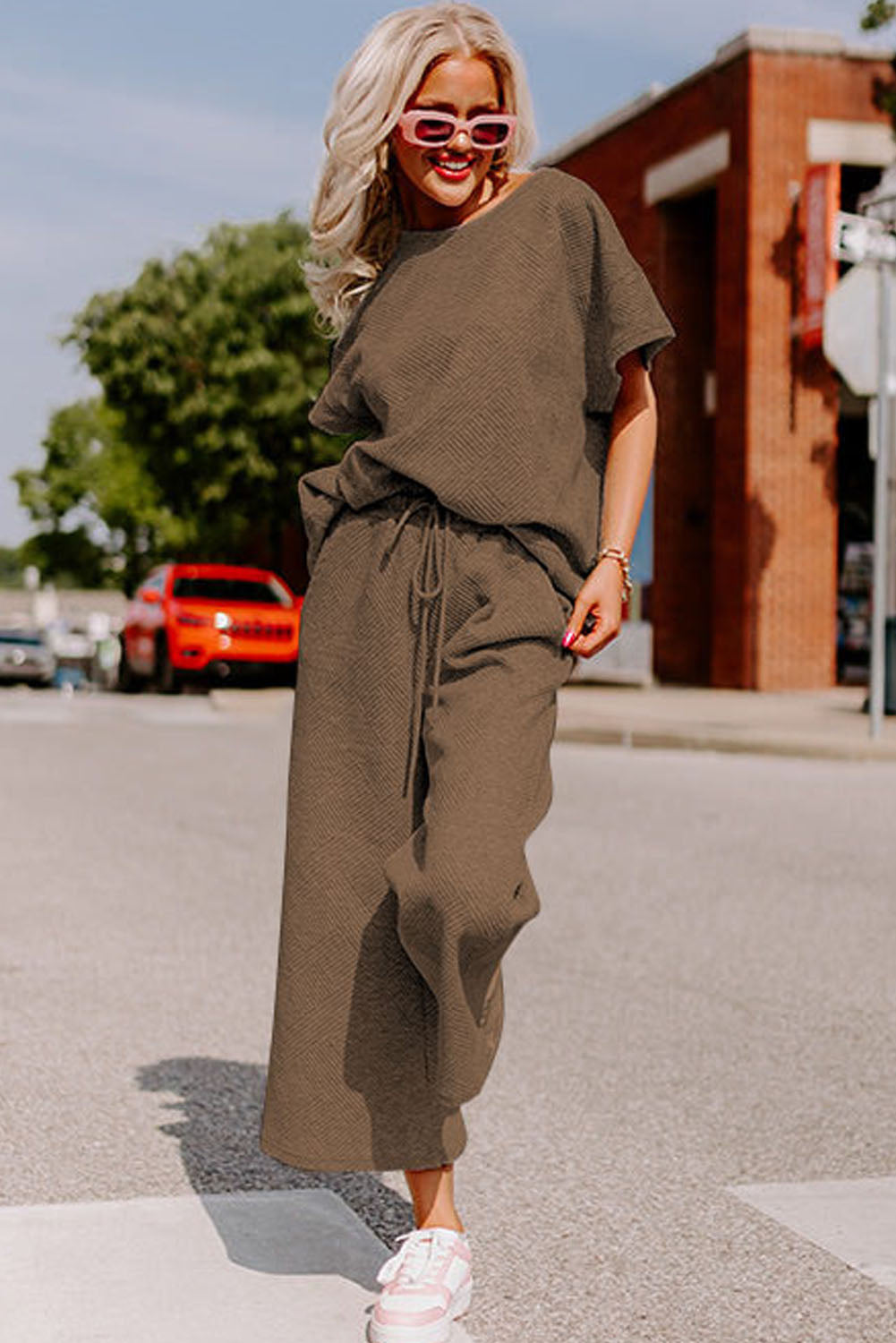 Gray Textured Loose Fit T Shirt and Drawstring Pants Set