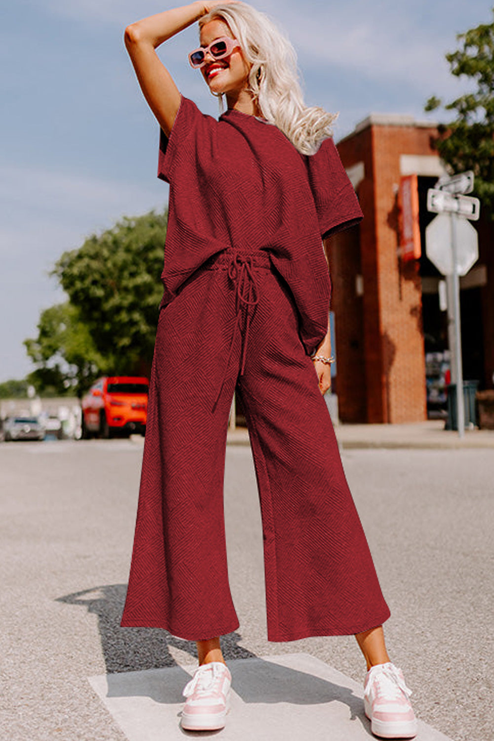 Gray Textured Loose Fit T Shirt and Drawstring Pants Set