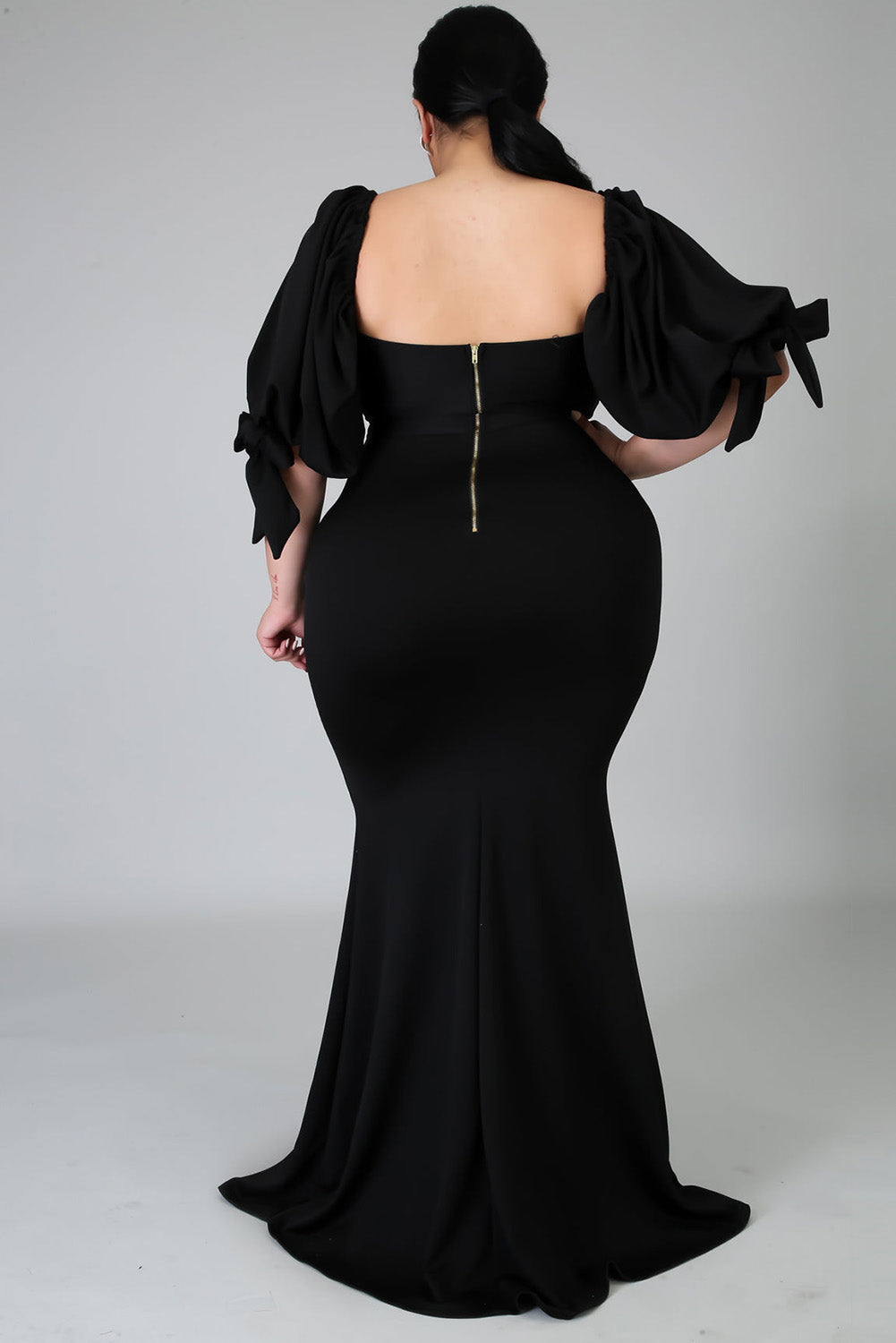 Bow Tie Puff Sleeve High Slit Maxi Dress