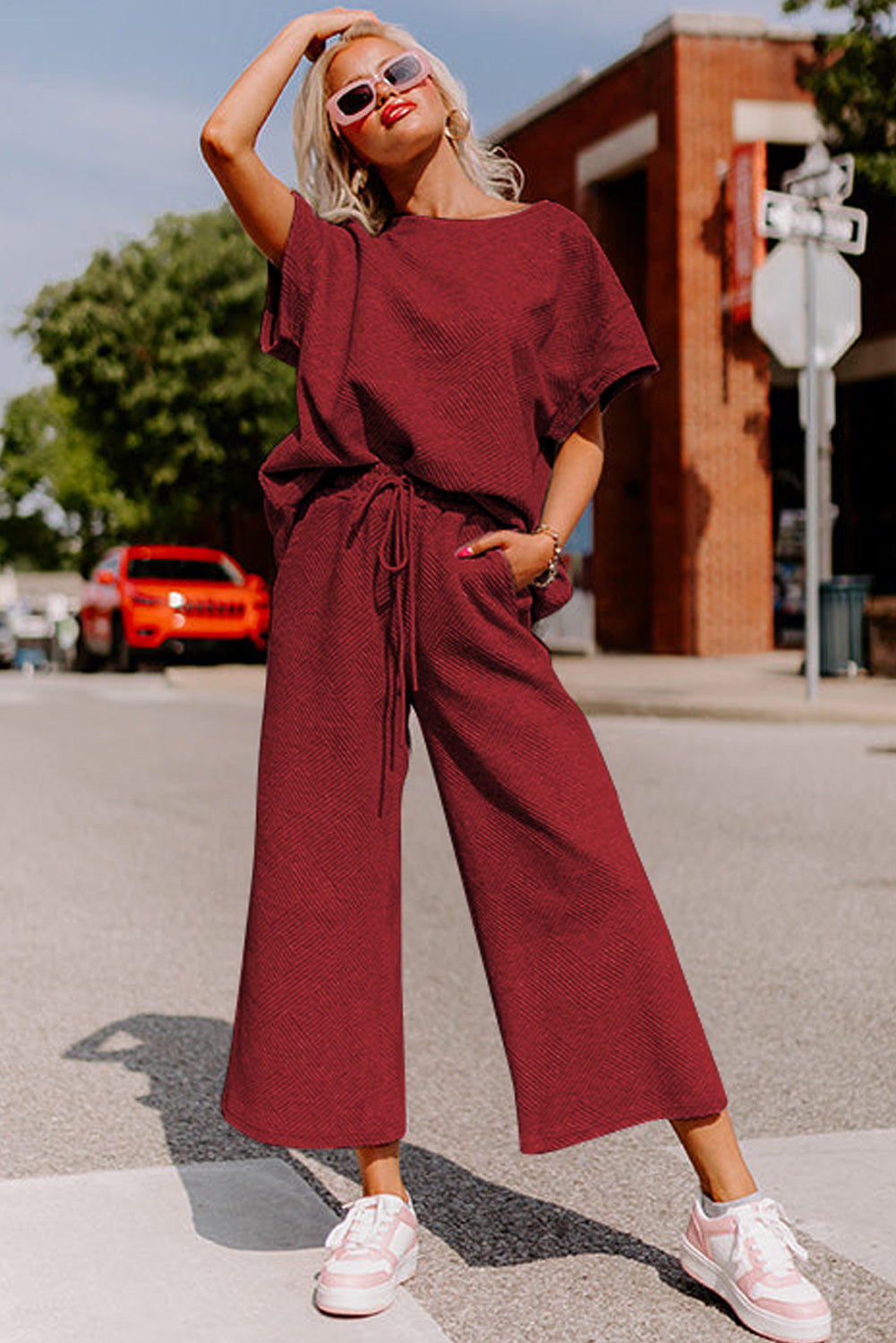 Gray Textured Loose Fit T Shirt and Drawstring Pants Set