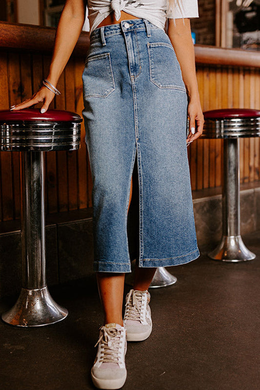 Sky Blue 4 Patch Pockets Denim Skirt