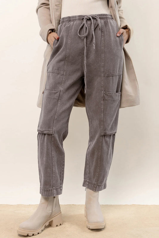 Gray Acid Wash Multi Pocket Drawstring Pants