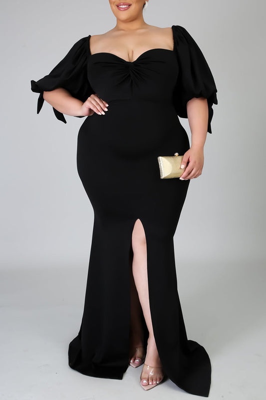 Bow Tie Puff Sleeve High Slit Maxi Dress