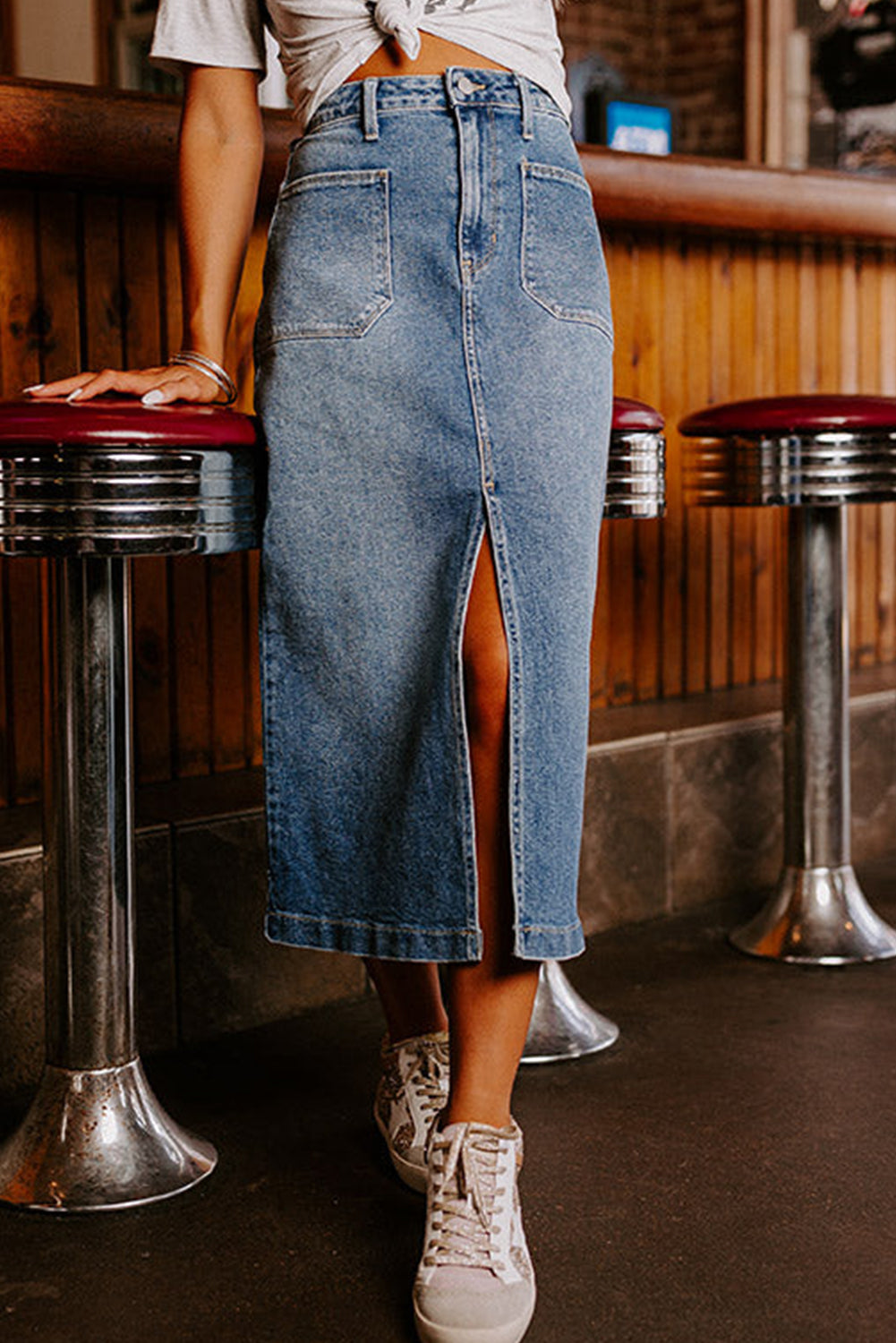 Sky Blue 4 Patch Pockets Denim Skirt