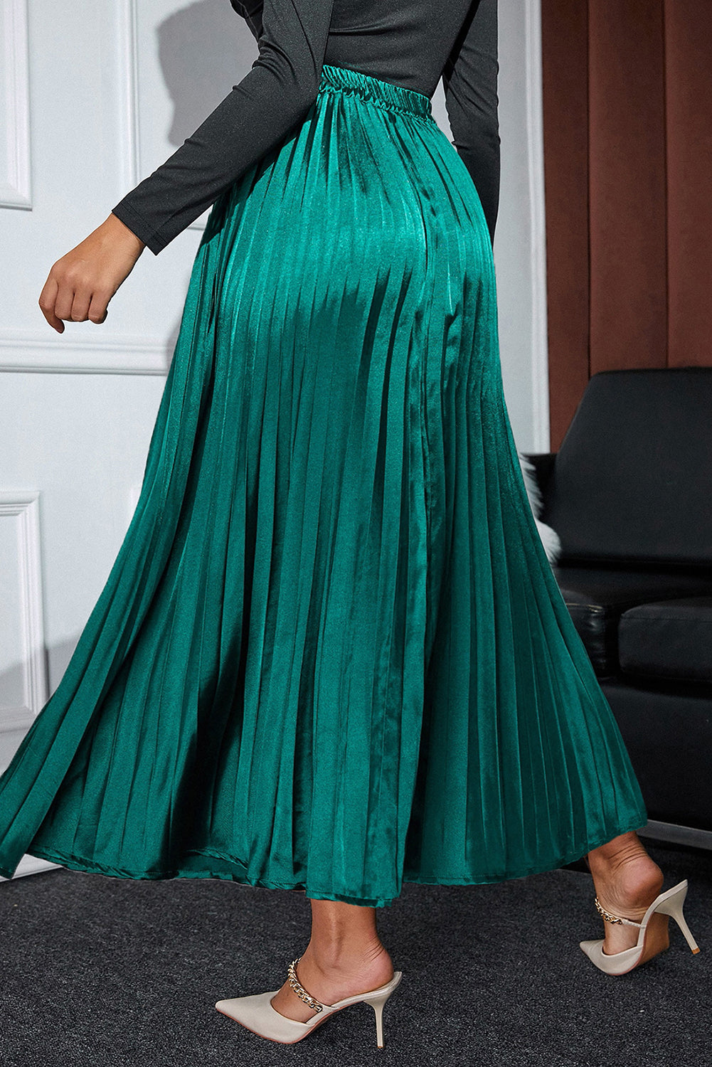 Satin Elastic Waist Pleated Maxi Skirt