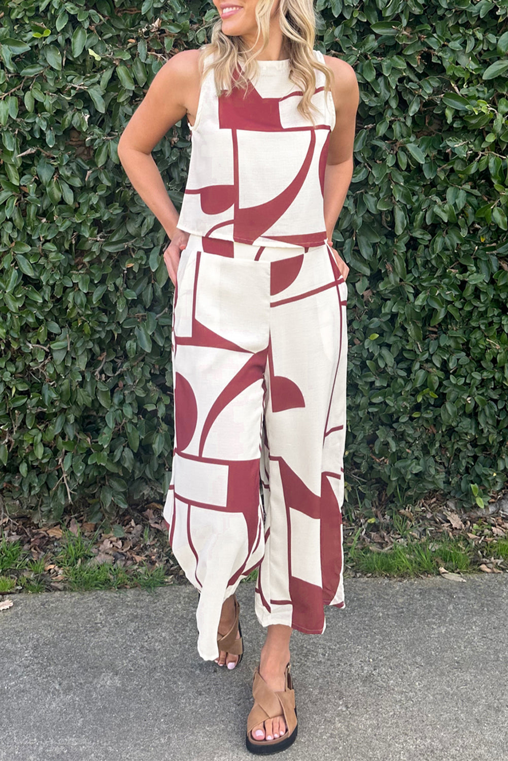 White Abstract Printed  Vest and Wide Leg Pants Set