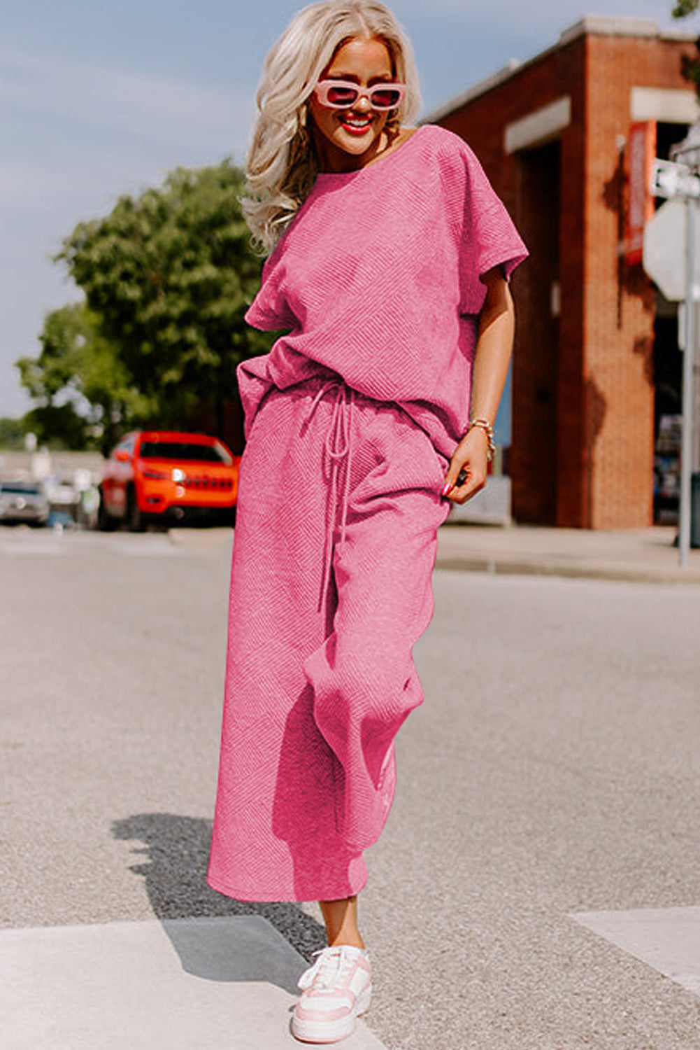 Gray Textured Loose Fit T Shirt and Drawstring Pants Set