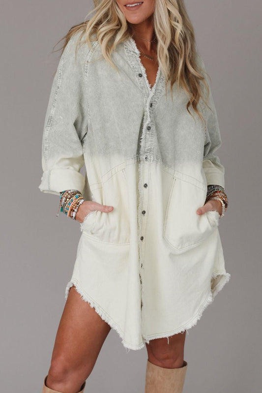 Gray Gradient Long Sleeve Raw Hem Denim Dress