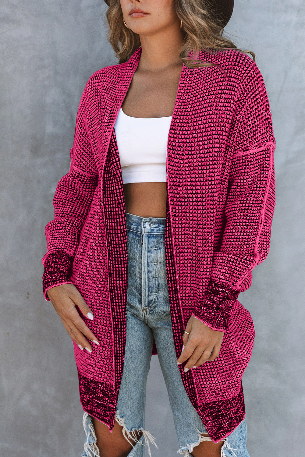 Knitted Long Open Front Cardigan