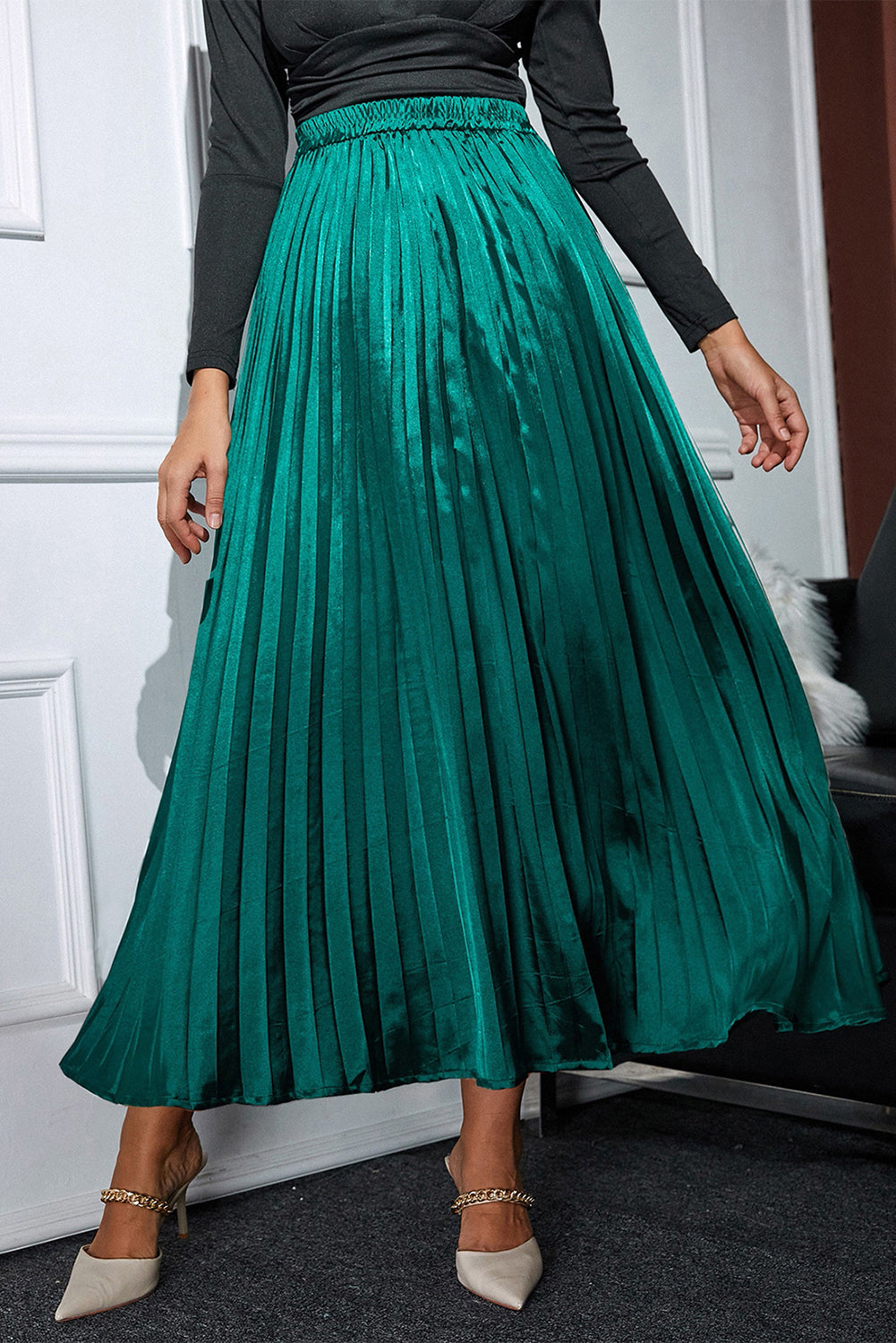 Satin Elastic Waist Pleated Maxi Skirt