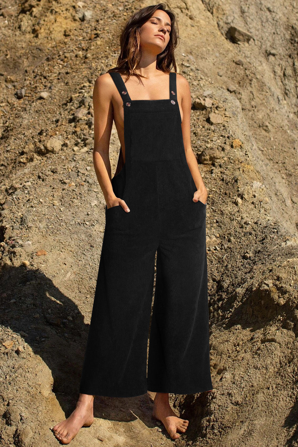 Solid Color Corduroy Wide Leg Bib Overalls