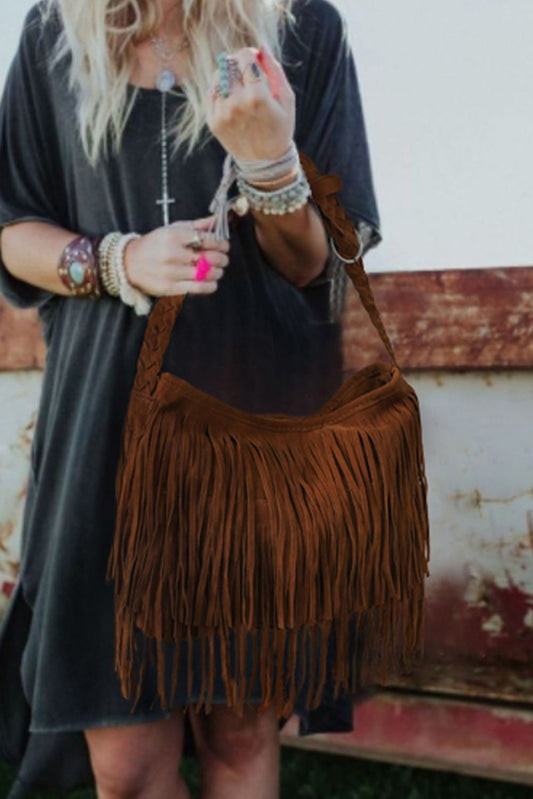 Brown Faux Suede Fringe Braid Shoulder Strap Bag