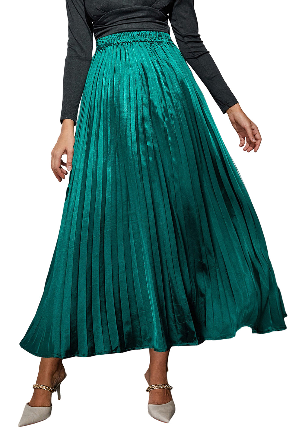 Satin Elastic Waist Pleated Maxi Skirt