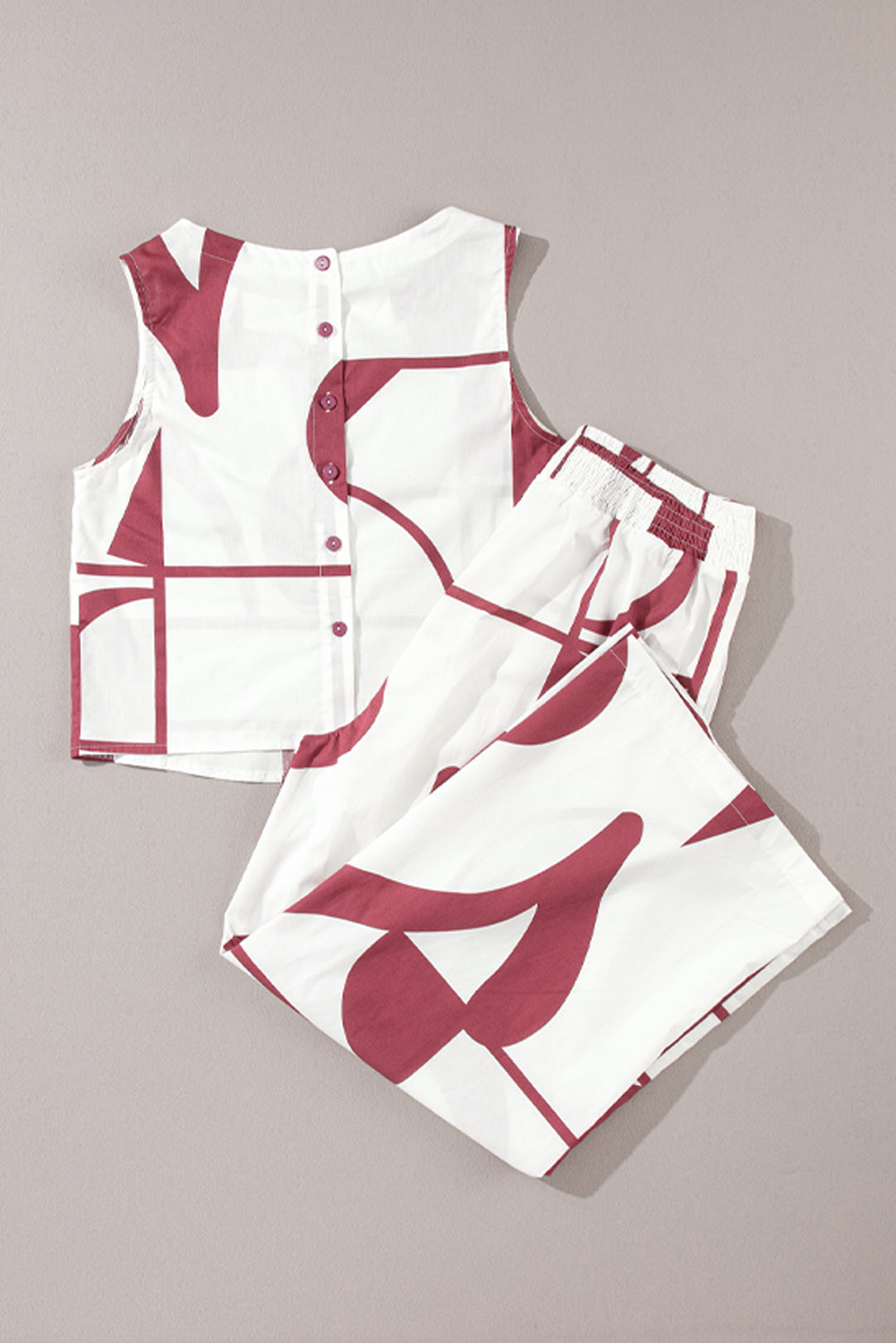 White Abstract Printed  Vest and Wide Leg Pants Set