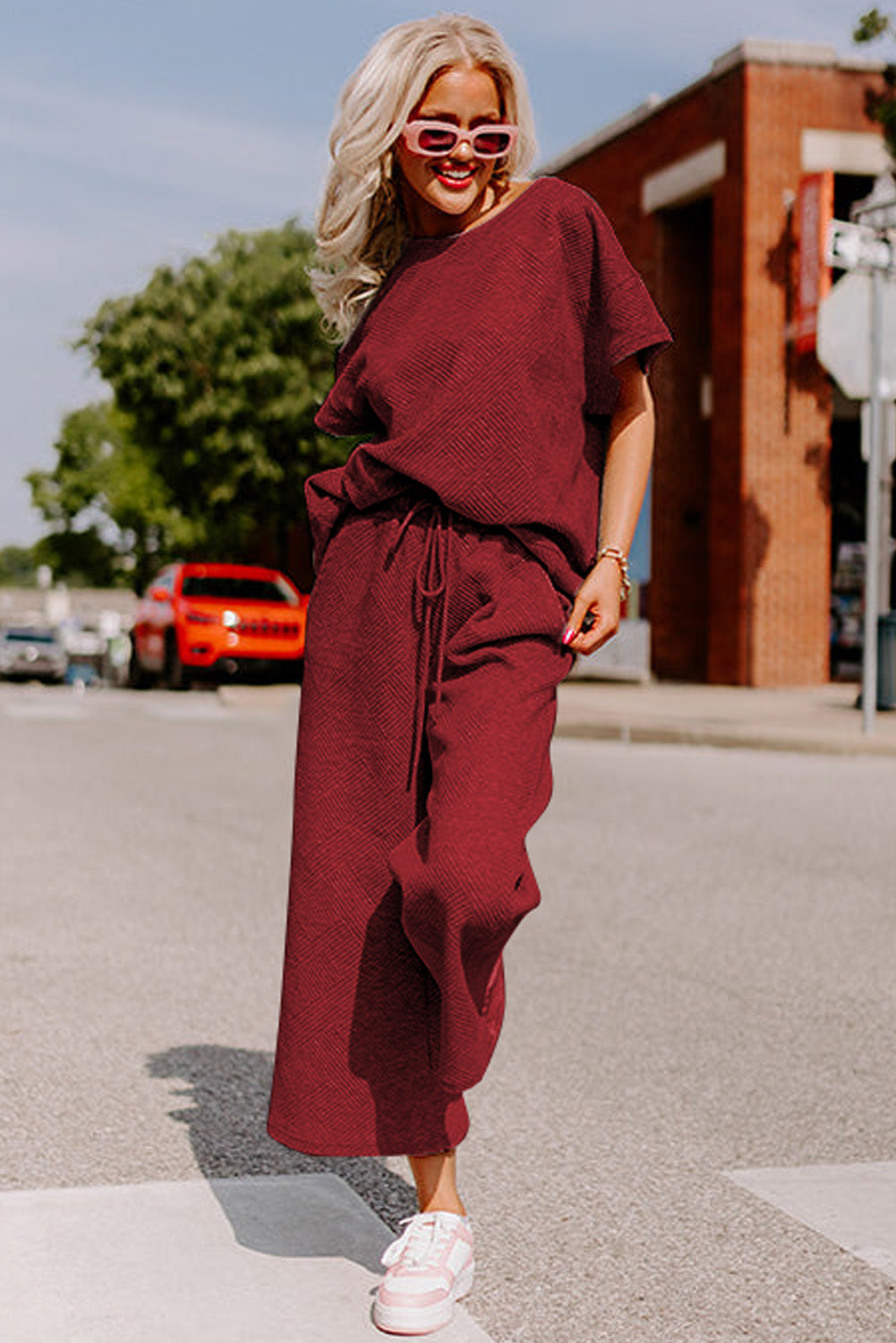 Gray Textured Loose Fit T Shirt and Drawstring Pants Set