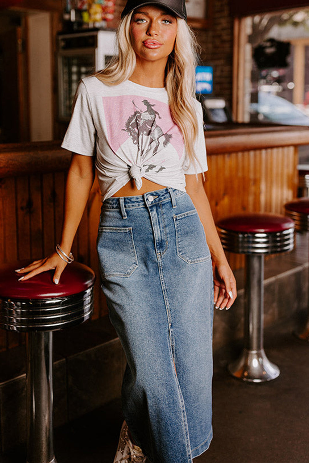 Sky Blue 4 Patch Pockets Denim Skirt