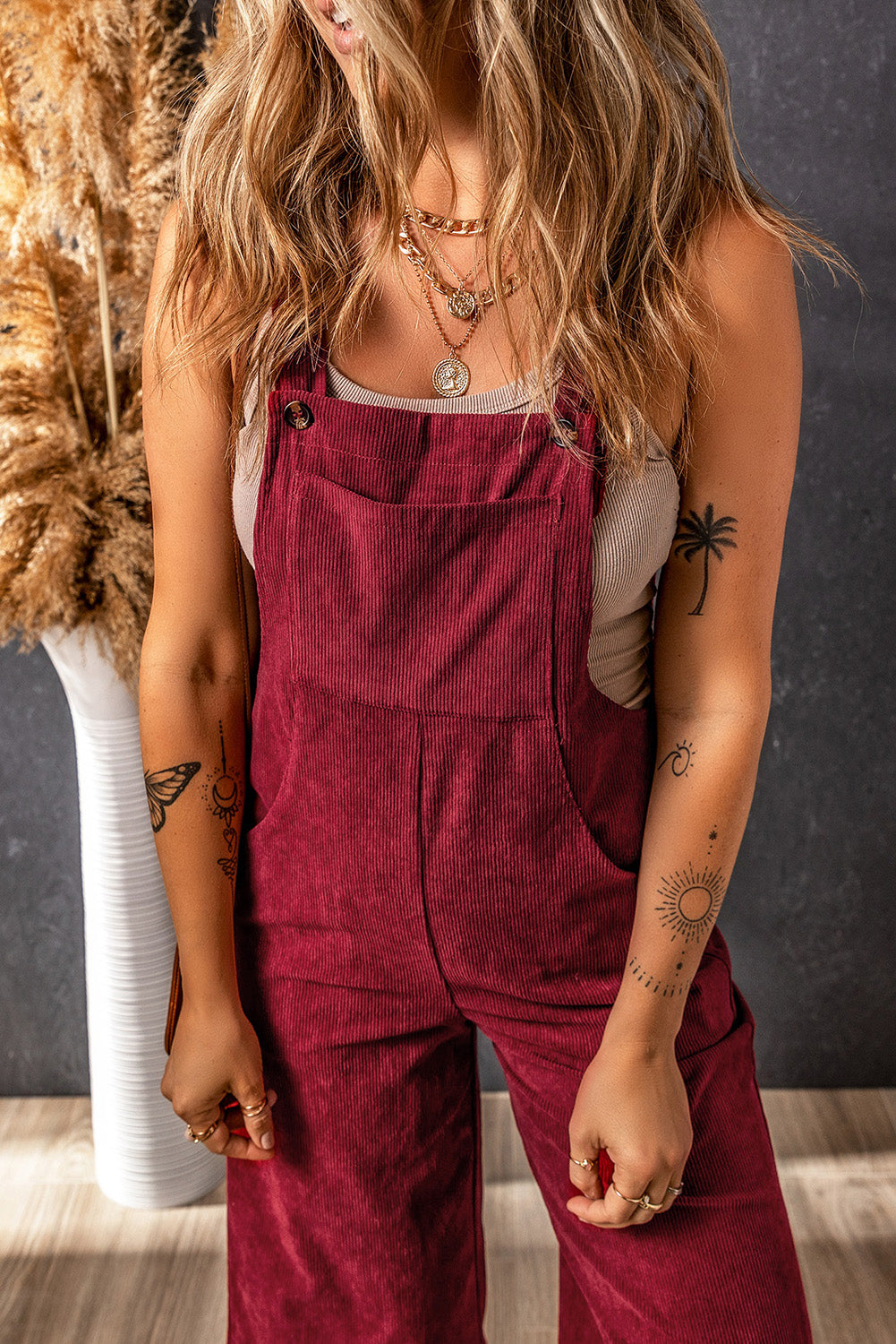 Solid Color Corduroy Wide Leg Bib Overalls