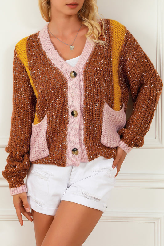 Brown Dual Pockets Colorblock  Cardigan