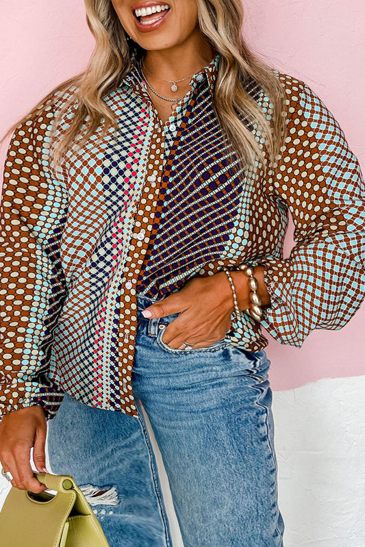 Brown Plus Size Mix Dotted Patchwork Button up Shirt