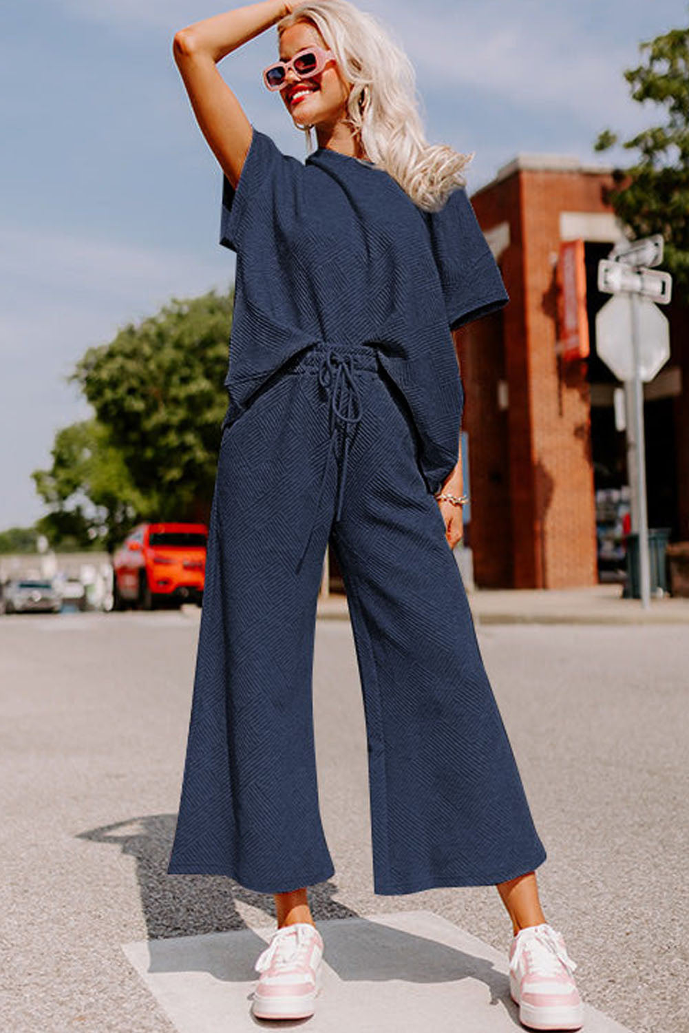 Gray Textured Loose Fit T Shirt and Drawstring Pants Set