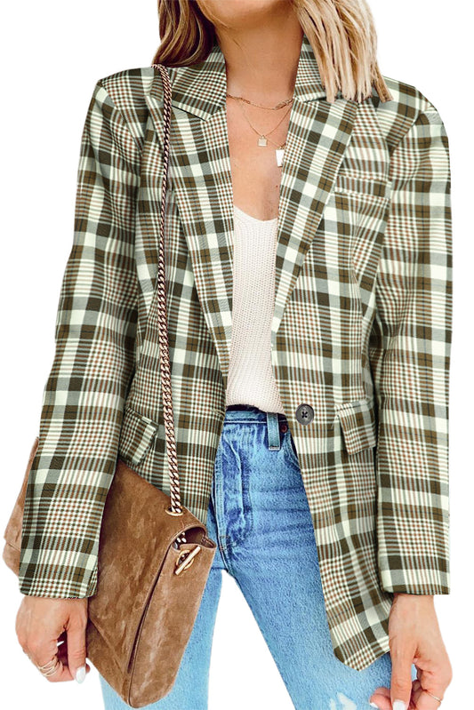 Plaid Print Lapel Collar Buttoned Blazer