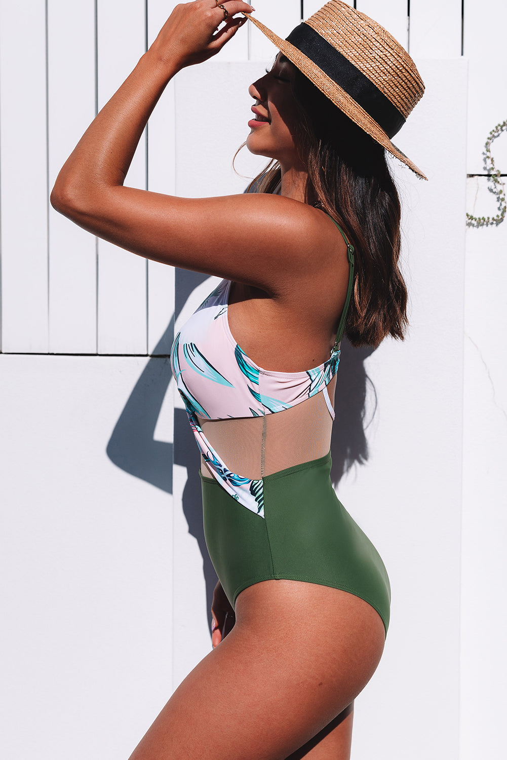 Crossed Tropical  Splicing Hollow-out One-piece Swimwear