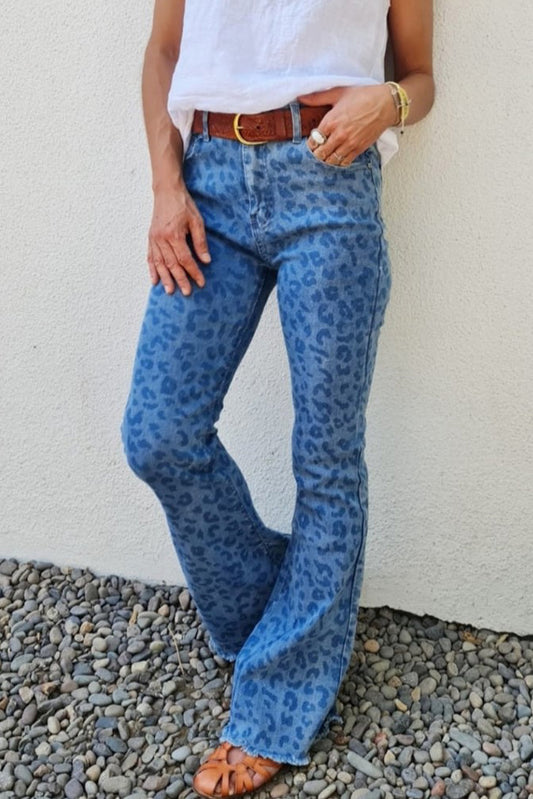 Leopard Print Raw Hem High Waist Flare Jeans